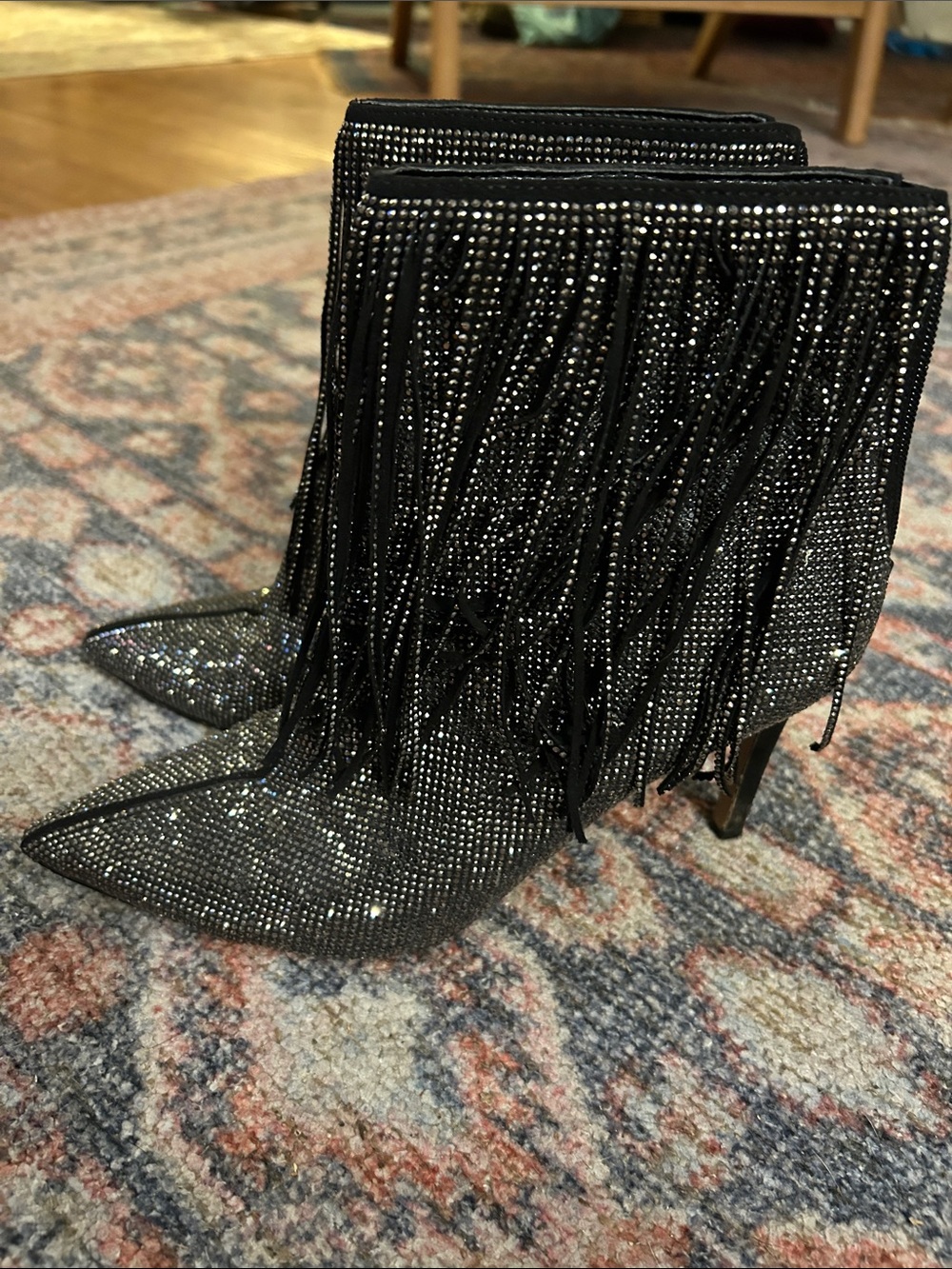 INC International Concepts Black Rhinestone Fringe Pointed-Toe Ankle Booties
